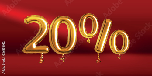 Vector realistic isolated golden balloon text of 20 percent sale number on the transparent background.