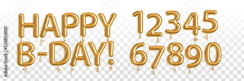 Vector realistic isolated golden balloon text of Happy Birthday and numbers on the transparent background.