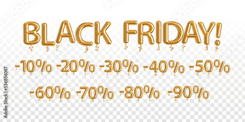 Vector realistic isolated golden balloon text of Black Friday and sale numbers on the transparent background.