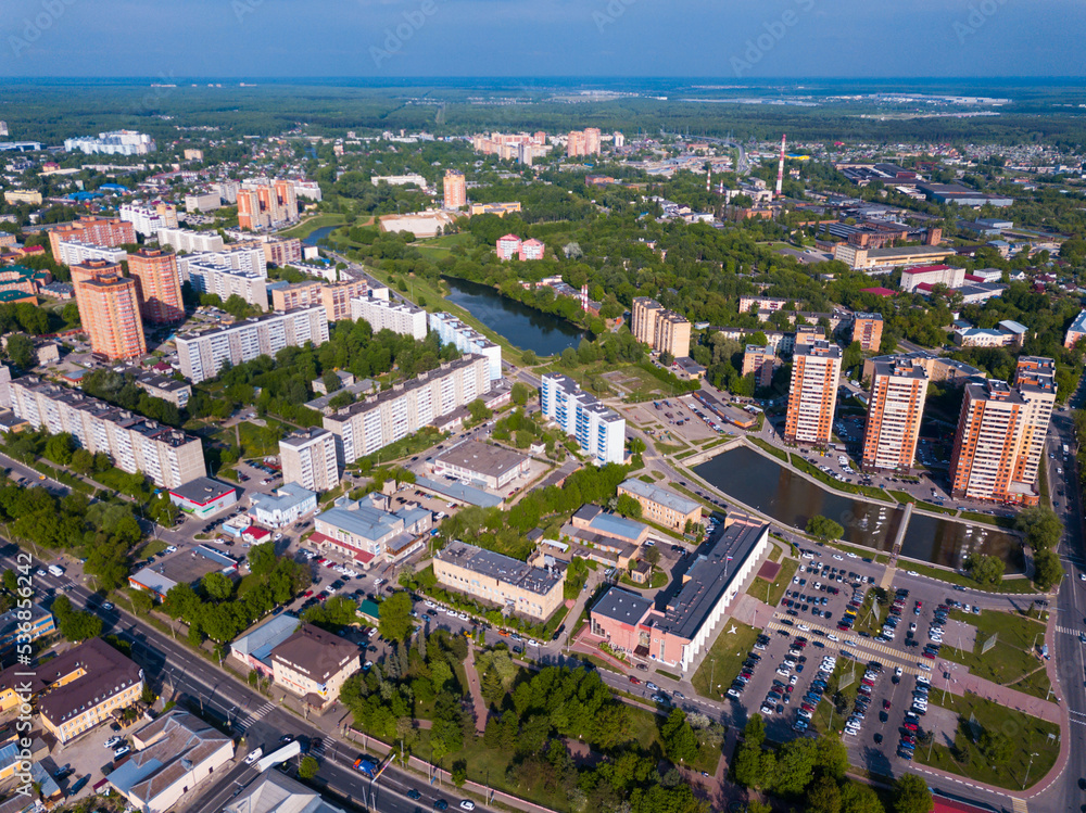 Aerial panoramic view of Chekhov cityscape in summer day, Russia..