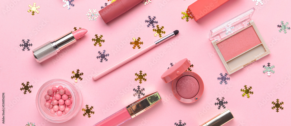 Set of decorative cosmetics on pink background Set of decorative cosmetics on pink background