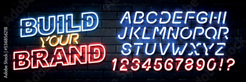 Vector realistic isolated neon sign of Build Your Brand logo with easy to change color alphabet font on the wall background.