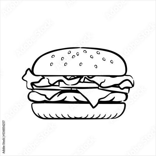 Graphical sketch of hamburger isolated on white background,vector illustration. Modern design street food logotype. Cheeseburger flat icon for printing, fast food.