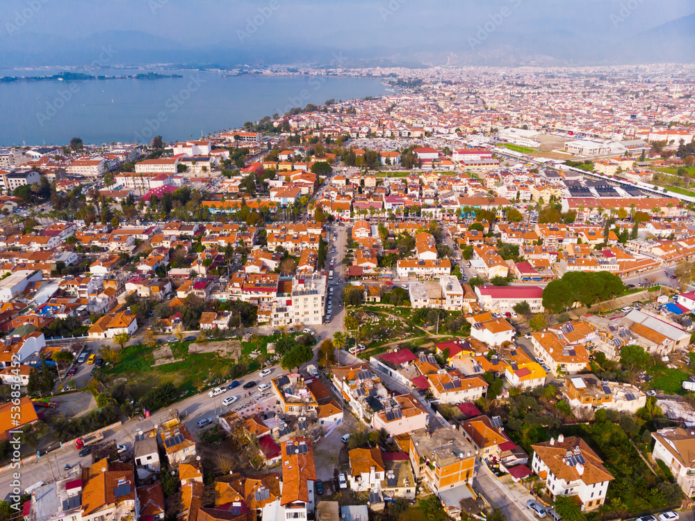 Fototapeta premium Flying over the city Fethiye. Turkey