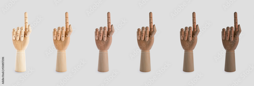 Fototapeta premium Collage of wooden mannequin hands on light background
