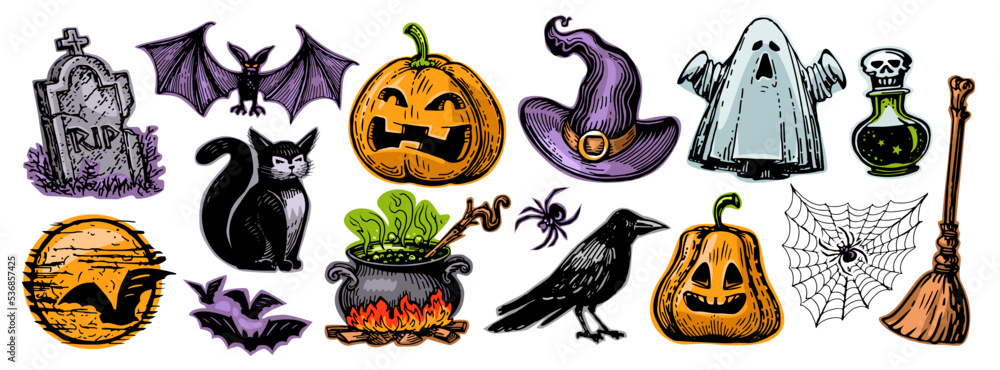Retro Halloween decorations collection. Funny and scary holiday elements set. Color vector illustration