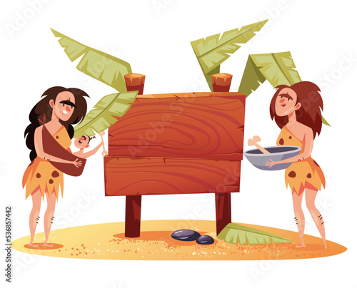 Cave people standing near wooden board  graphic design illustration