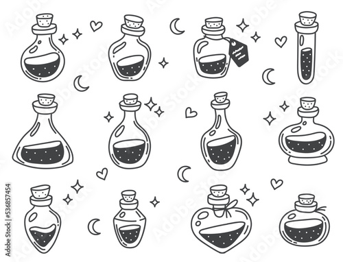Potion alchemy jar bottle mystic glass line art style isolated set collection graphic design illustration
