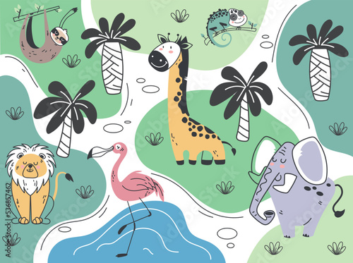 Jungle safari animal park map plan landscape africa graphic design illustration
