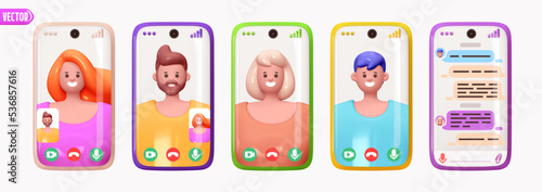 Video communication conference on the Internet. Video communication through social networks. Social media people girl and man make a video call via mobile phone, modern smartphone. Vector illustration