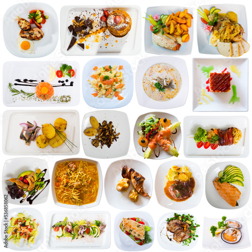 Set of dishes of restaurant menu isolated on white background..