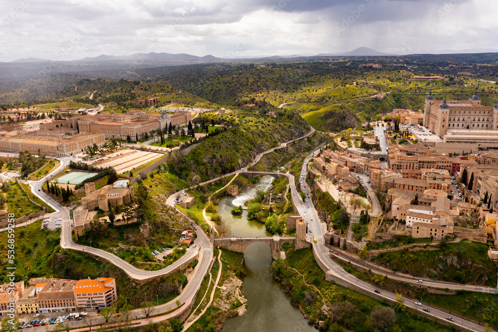 View from drone of old houses of Toledo city, capital of province of Toledo in central Spain