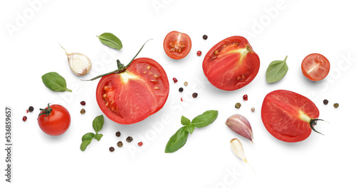 Fototapeta Naklejka Na Ścianę i Meble -  Composition with fresh tomatoes and spices on white background