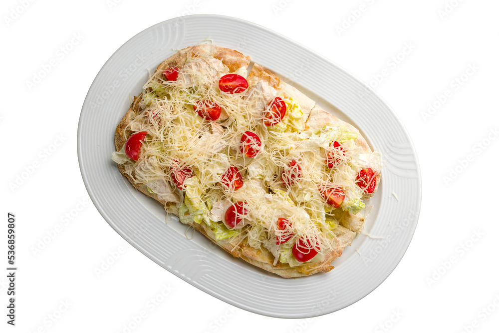 Roman pizza, Pinsa caesar with chicken and salad on roman dough isolated on white background top view