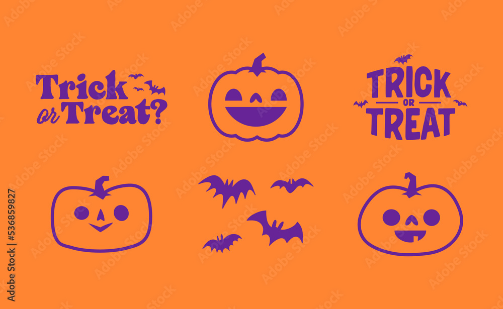 Halloween graphic elements with carved pumpkins and bats. Trick or treat, Boo and spooky designs. Halloween decoration. Halloween graphic elements with carved pumpkins and bats. Trick or treat, Boo and spooky designs. Halloween decoration.