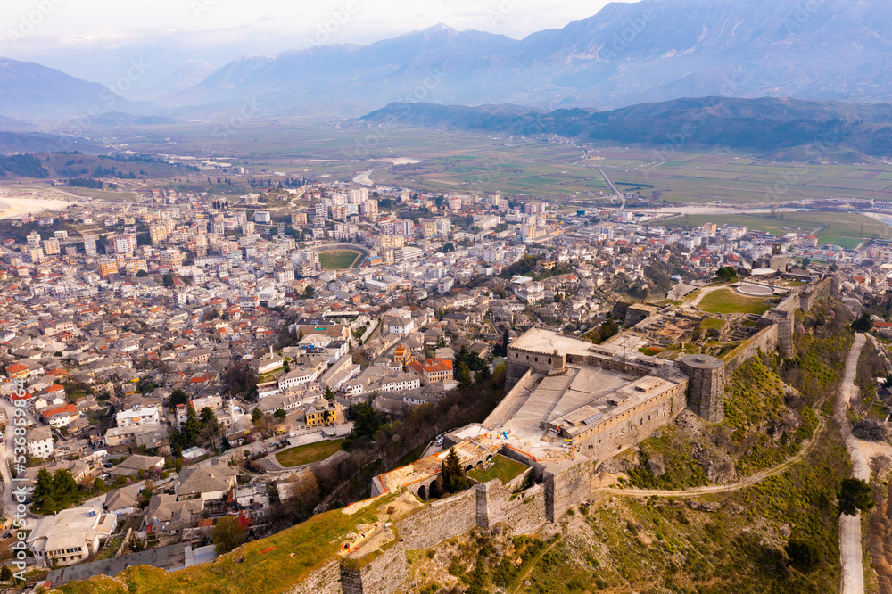 High-angle shot of Gjirokaster castle located in Gjirokaster, Albania.
