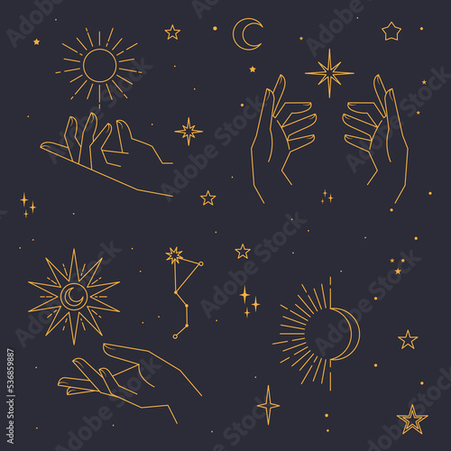 Mystical and Celestial elements with stars, planets, moons and hands. Palm and zodiac elements. Occult , Esoteric background Vector.