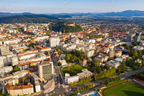 Fototapeta Naklejka Na Ścianę i Meble -  Panoramic aerial view of Ljubljana cityscape with buildings and streets, Slovenia