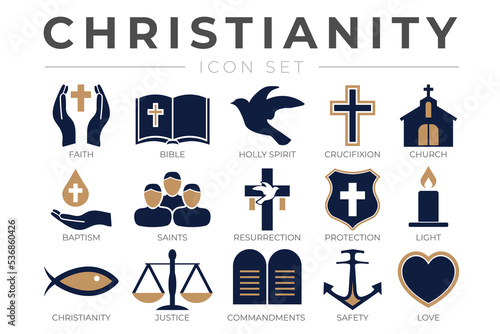 Christianity Icon Set with Faith, Bible, Crucifixion , Baptism, Church, Resurrection, Holy Spirit, Saints, Commandments,Light, Protection, Justice, Safety and Love Christian Icons