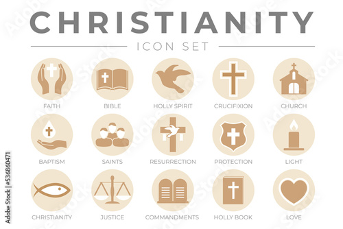 Round Christianity Icon Set with Faith, Bible, Crucifixion , Baptism, Church, Resurrection, Holy Spirit, Saints, Commandments,Light, Protection, Justice, Holly Book and Love Color Icons