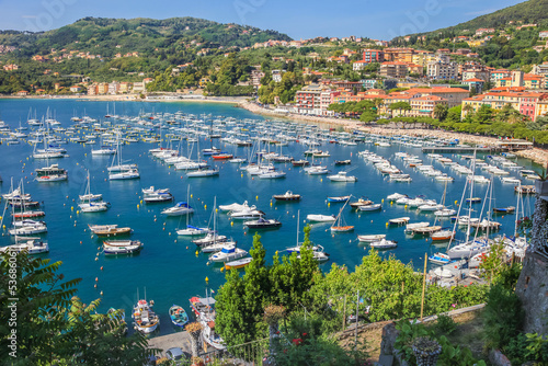 Above Lerici bay and marina with sailboats, Cinque Terre, Liguria, Italy