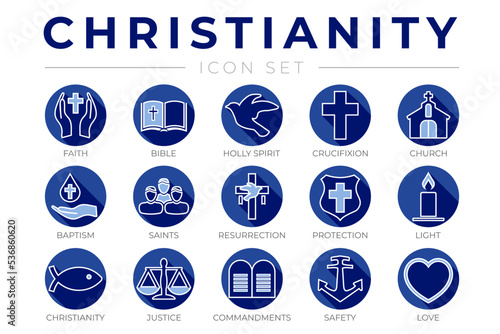 Blue Round Outline Christianity Icon Set with Faith, Bible, Crucifixion , Baptism, Church, Resurrection, Holy Spirit, Saints, Commandments,Light, Protection, Justice, Safety and Love Thin Icons