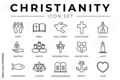 Christianity Outline Icon Set with Faith, Bible, Crucifixion , Baptism, Church, Resurrection, Holy Spirit, Saints, Commandments,Light, Protection, Justice, Safety and Love Thin Icons