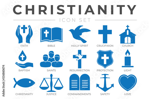 Christianity Icon Set with Faith, Bible, Crucifixion , Baptism, Church, Resurrection, Holy Spirit, Saints, Commandments,Light, Protection, Justice, Safety and Love Icons