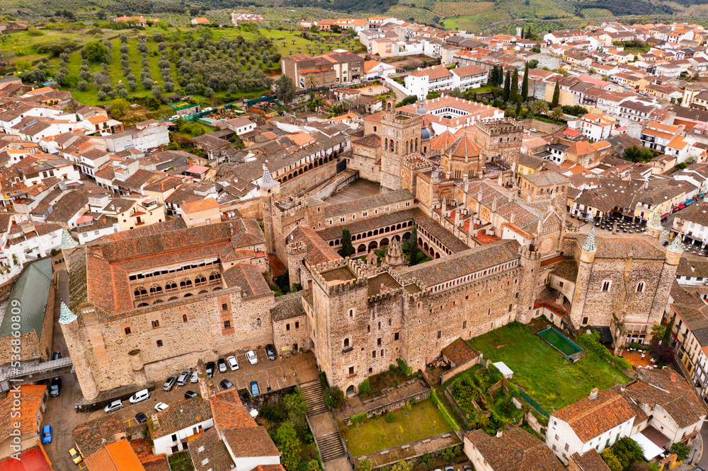 Drone photo of Royal Monastery of Saint Mary of Guadalupe, Extremadura, Spain.