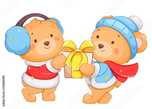 Two cute bears cartoon characters with gift box