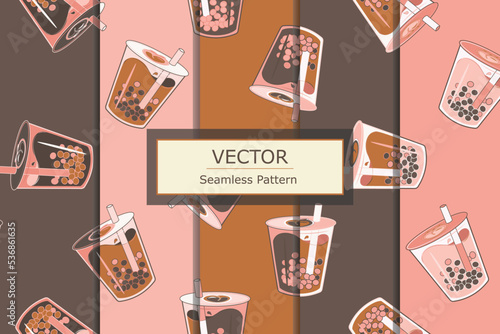 Vector background boba tea drink beverage seamless repeat vintage pattern design