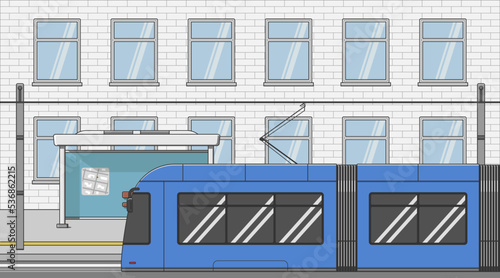 blue tram way at the bus stop near building side view vector flat illustration