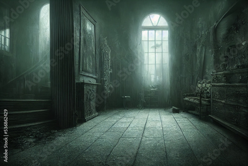 creepy interior of an abandoned building background, concept art, digital illustration, haunted house, scary interior, halloween background, Generative AI
