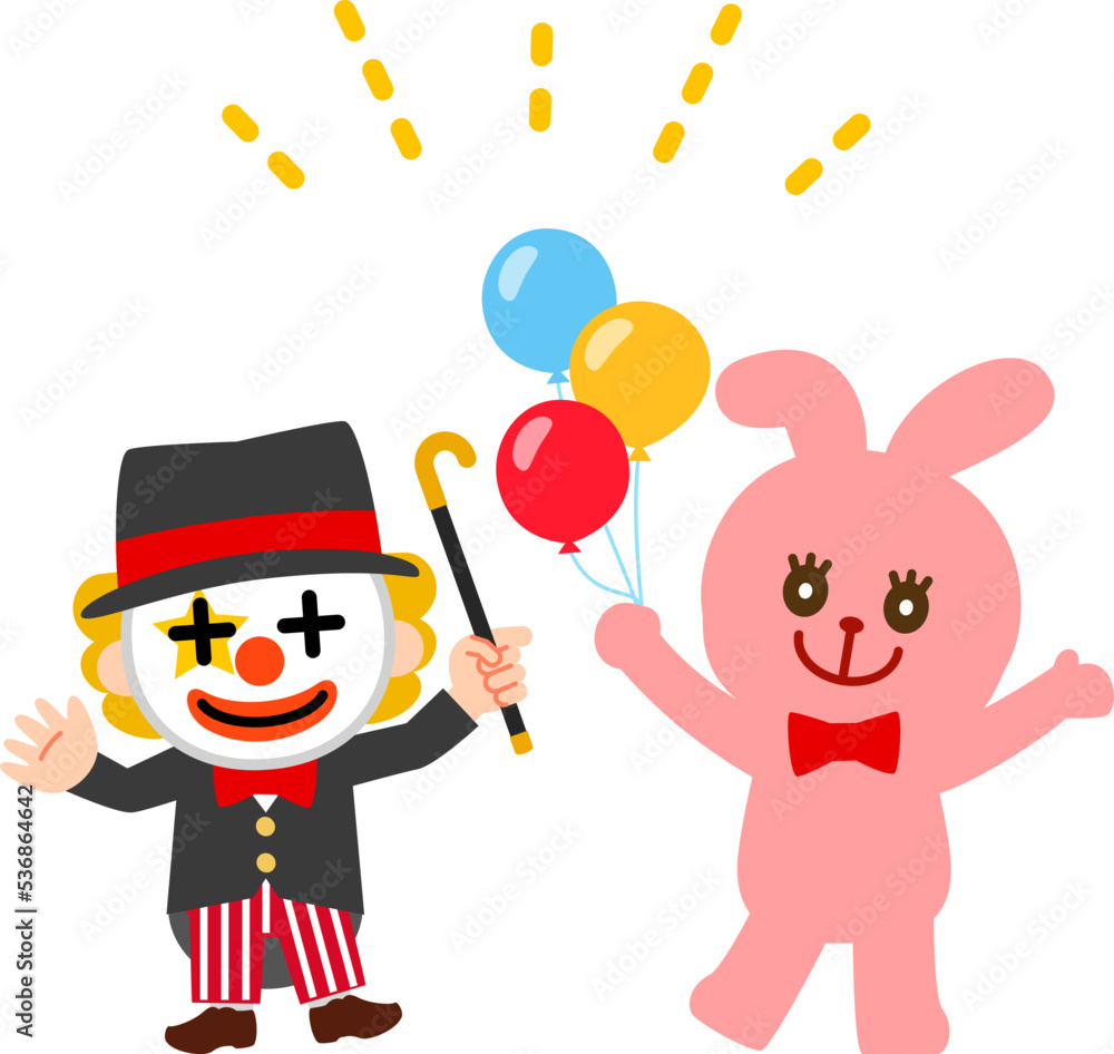 パフォーマンスするピエロとウサギの着ぐるみ パフォーマンスするピエロとウサギの着ぐるみ
