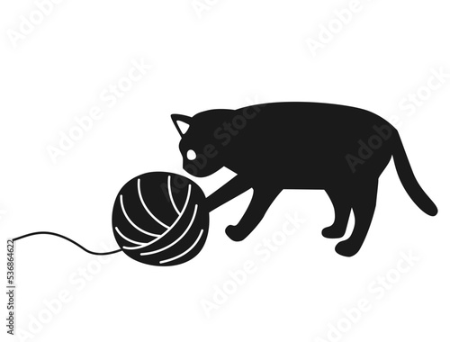 毛糸で遊んでいるネコのイラスト 白黒バージョン