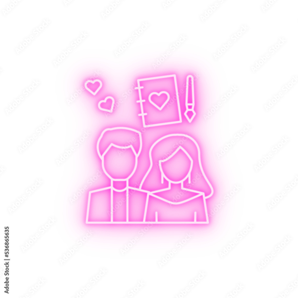 Man woman notebook pen love neon icon Man woman notebook pen love neon icon