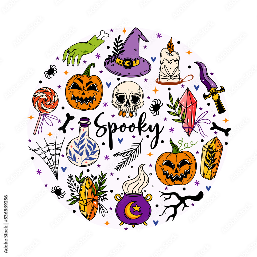 Halloween vector set. Holiday symbols - pumpkin, spider web, witch hat, magic potion, cauldron, sweets. Flat cartoon clipart isolated on white. Bright spooky doodles. Elements for seasonal decoration