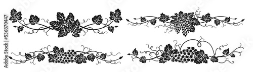 Grape vine divider bunches engraving set. Vintage ink hand drawn wine decorations border, floral grapes berry frame. Decorative etching elements antique vineyard ornament for packing vector design