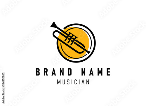 Trumpet logo design, generate melody, musical jazz instrument vector sketch illustration