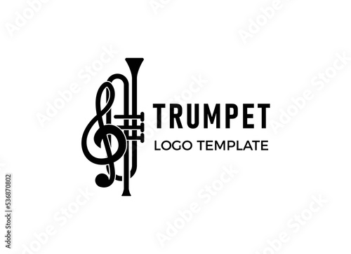 Trumpet logo design, generate melody, musical jazz instrument vector sketch illustration