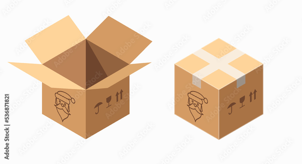 Santa gift, sealed and opened cardboard box. Merry Christmas and happy New Year 2023 background. Christmas greeting card template. Vector illustration.