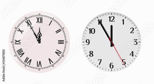 Vintage and modern clock faces. Five minutes to twelve. Merry Christmas and happy New Year 2023 background. Christmas greeting card template. Vector illustration.