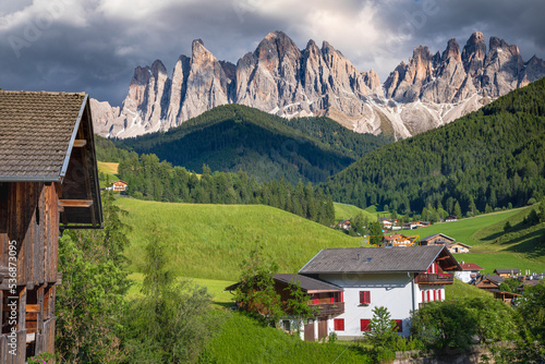 Idyllic Val di Funes in St. Magdalena, Dolomites alps in Northern Italy