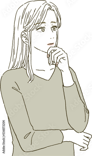 ビューティー　頬杖をついて考える女性のイラストレーション