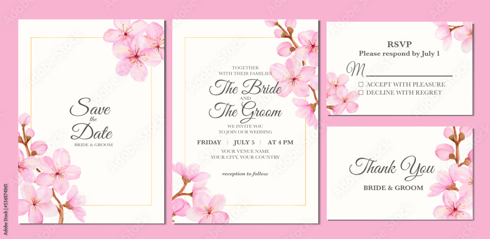 Manual painted of sakura flower or cherry blossom watercolor as wedding invitation.