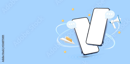 Blue illustration with two 3D mobile phone with blank screen, communication bubbles, mouthpiece, paper plane with envelope - concept of notification, letter, email, chat room, messenger app. 3D mockup