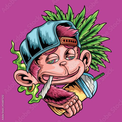 Monkey cartoon with ice cup and cannabis smoke