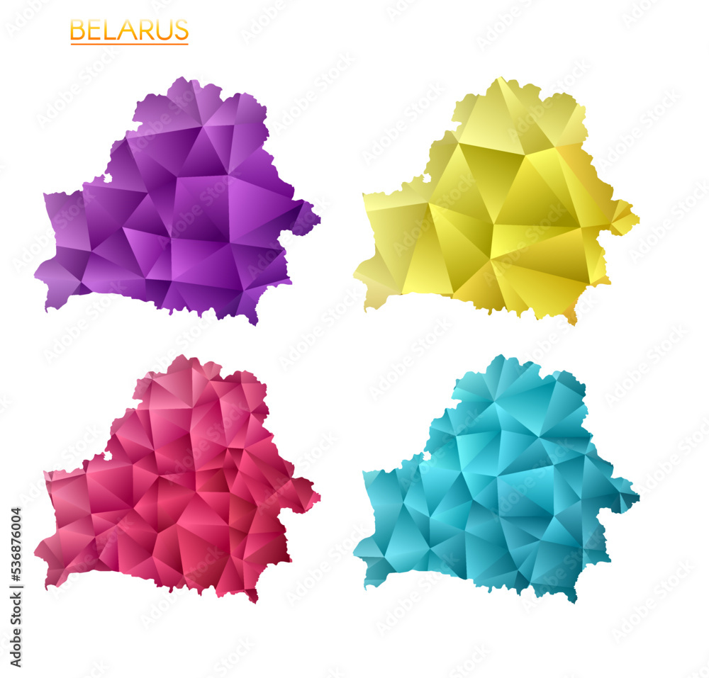Set of vector polygonal maps of Belarus. Bright gradient map of the country in low poly style. Multicolored Belarus map in geometric style for your infographics. Astonishing vector illustration. Set of vector polygonal maps of Belarus. Bright gradient map of the country in low poly style. Multicolored Belarus map in geometric style for your infographics. Astonishing vector illustration.