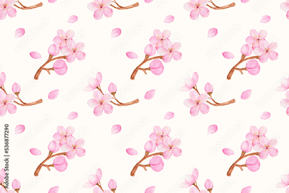 Beautiful watercolor cherry blossom or sakura as seamless pattern.