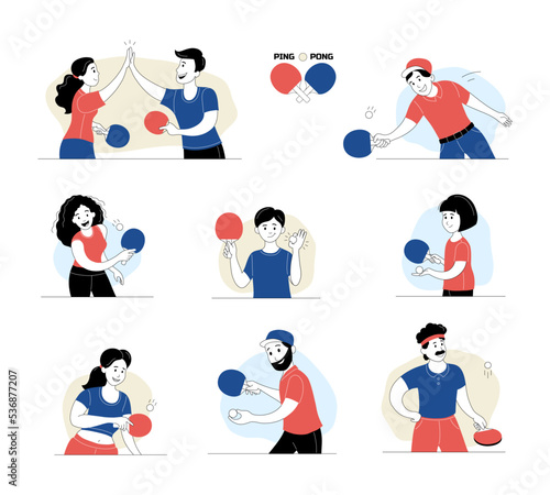 Set of people playing table tennis with racket and ball. Ping pong players in blue and red sports outfit. Healthy lifestyle, hobby, sports activity cartoon thin line vector illustration